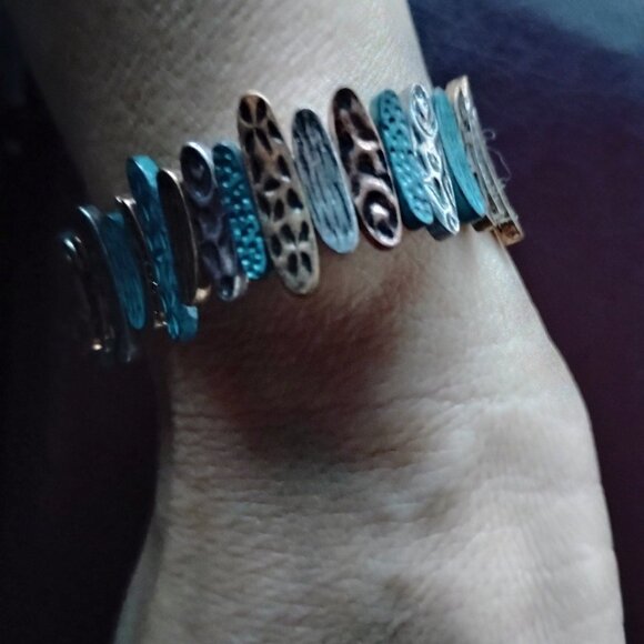 Bracelet Metal Narrow Oval Double holes Beads Tan Bronze Blue 2 Elastic Threads - Picture 6 of 9